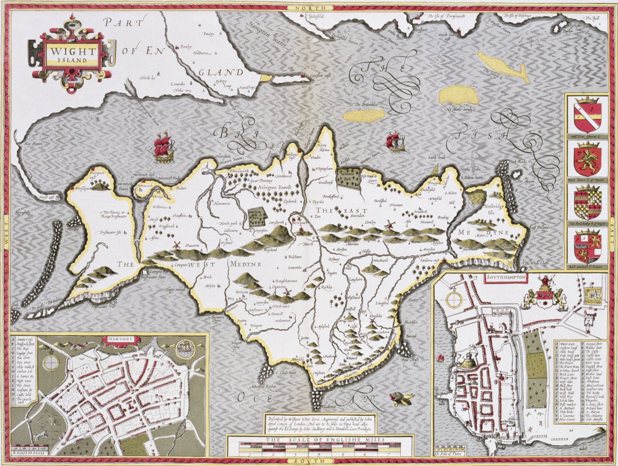Wight Island, Jodocus Hondius (1563-1612) metszete, John Speed „Theatre of the Empire of the Great Britain”, kocsma. John Sudbury és George Humble, 1611-12 (kézzel színezett rézmetszet) alkotó: John Speed