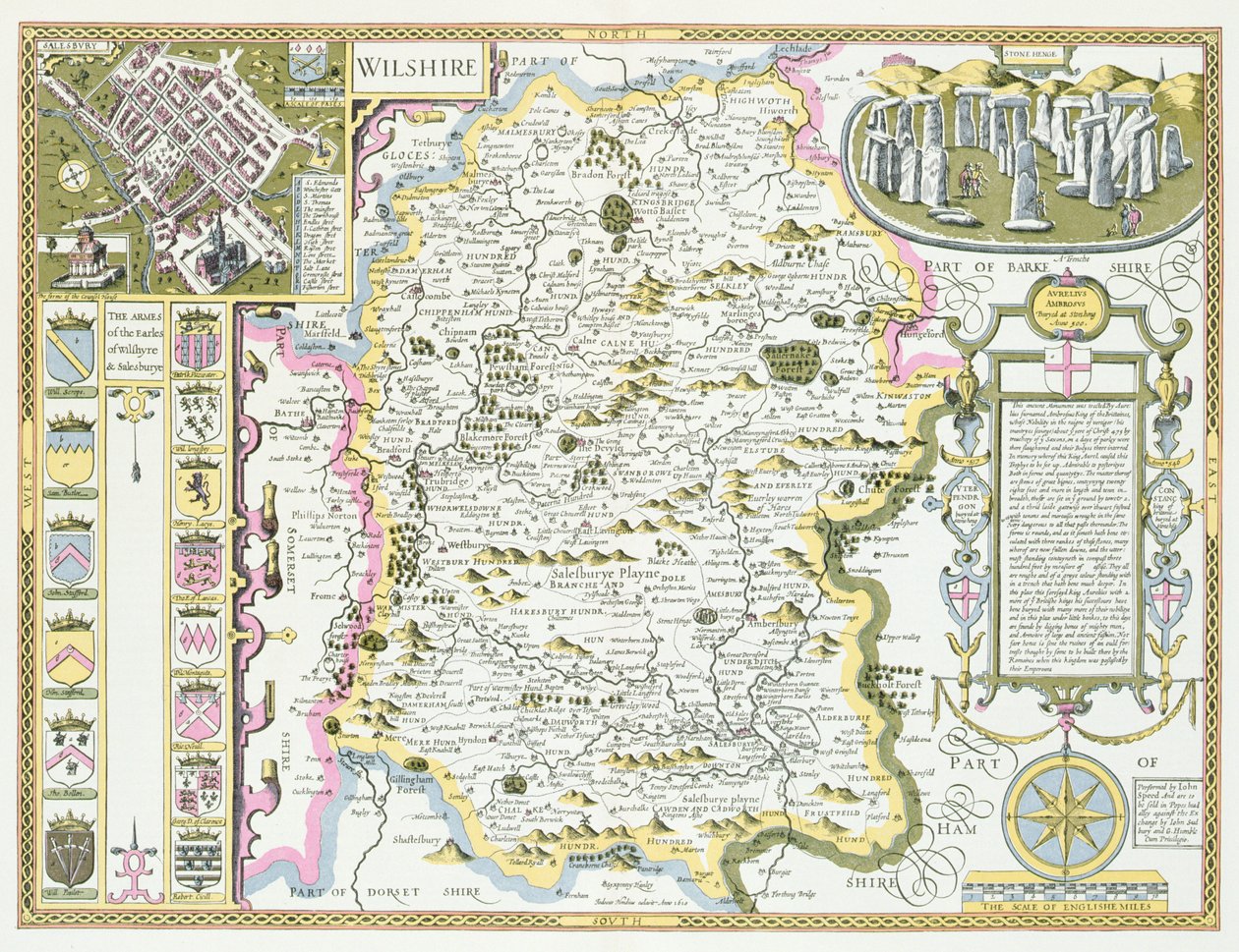 Wiltshire, Jodocus Hondius (1563-1612) metszete, John Speed Theatre of the Empire of the Great Britain, kocsma. John Sudbury és George Humble, 1611-12 (kézzel színezett rézmetszet) alkotó: John Speed