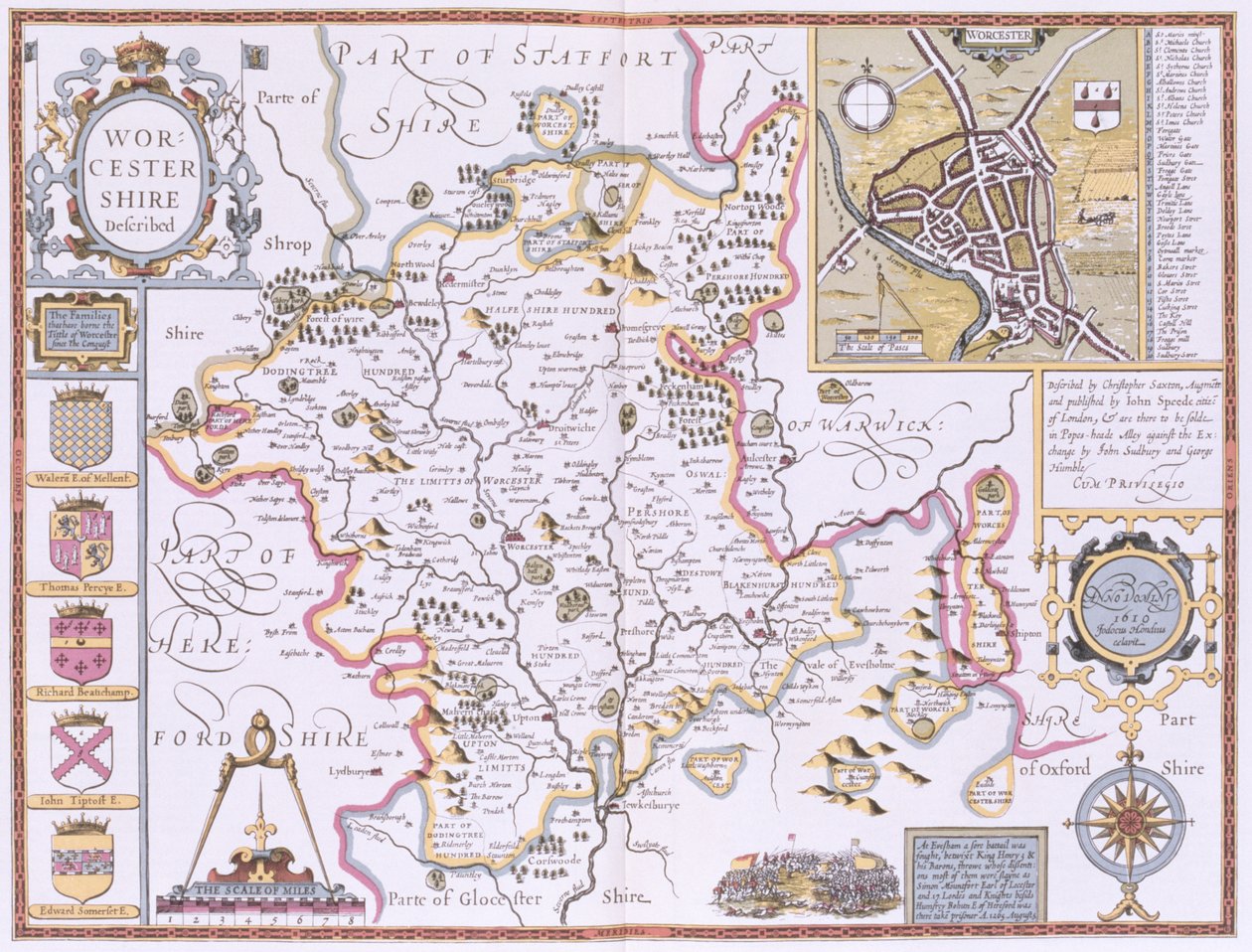 Worcestershire, Jodocus Hondius (1563-1612) metszete John Speed "Theatre of the Empire of the Great Britain" kocsmájából. John Sudbury és George Humble 1611-12 (kézzel színezett rézmetszet) alkotó: John Speed