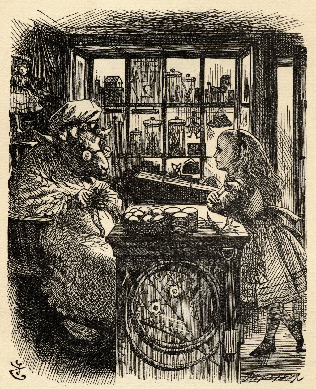 Alice és a kötögető bárány, illusztráció Lewis Carroll (1832-98) „Through the Looking Glass” című művéből, először 1871-ben jelent meg alkotó: John Tenniel