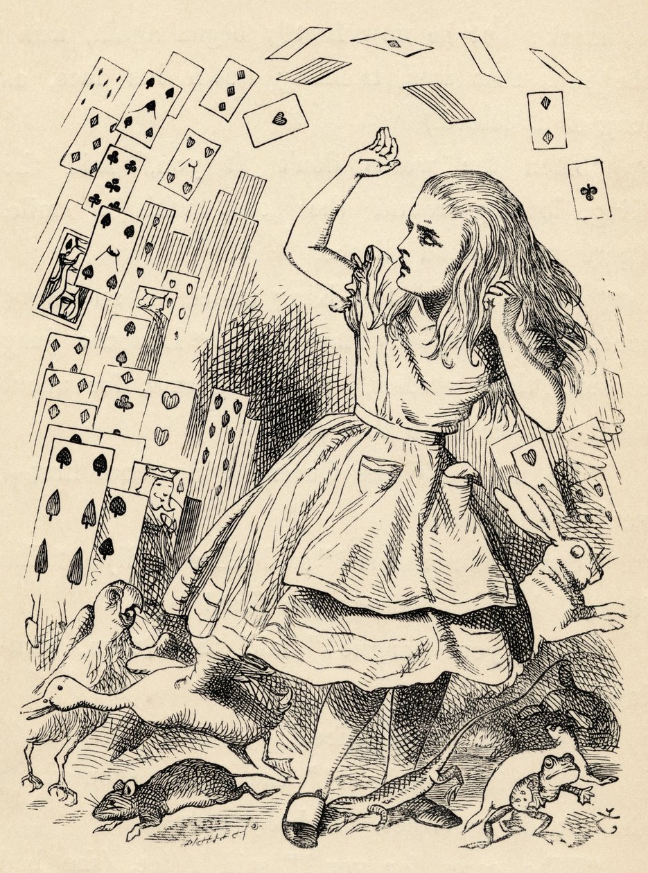 Alice és a kártyacsomag Lewis Carroll „Alice kalandjai csodaországban” című művéből, 1891-ben alkotó: John Tenniel