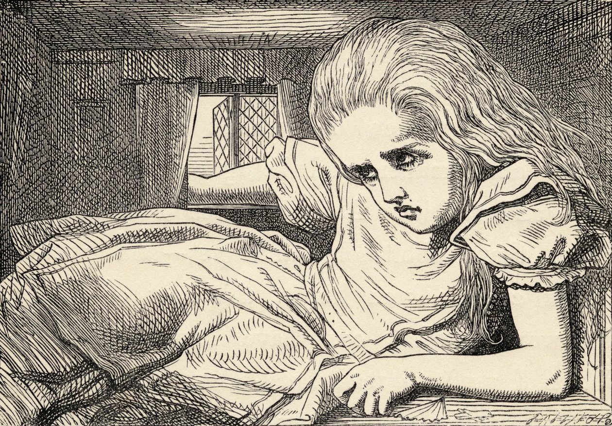 Alice túl magasra nő a szobához, Lewis Carroll „Alice kalandjai csodaországban” című művéből, amely 1891-ben jelent meg. alkotó: John Tenniel