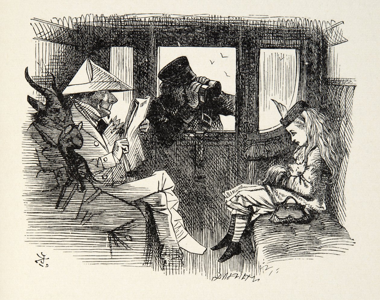 Alice a vasúti kocsiban, illusztráció Lewis Carroll (1832 - 98), 1872, A tükörben című könyvéből. alkotó: John Tenniel