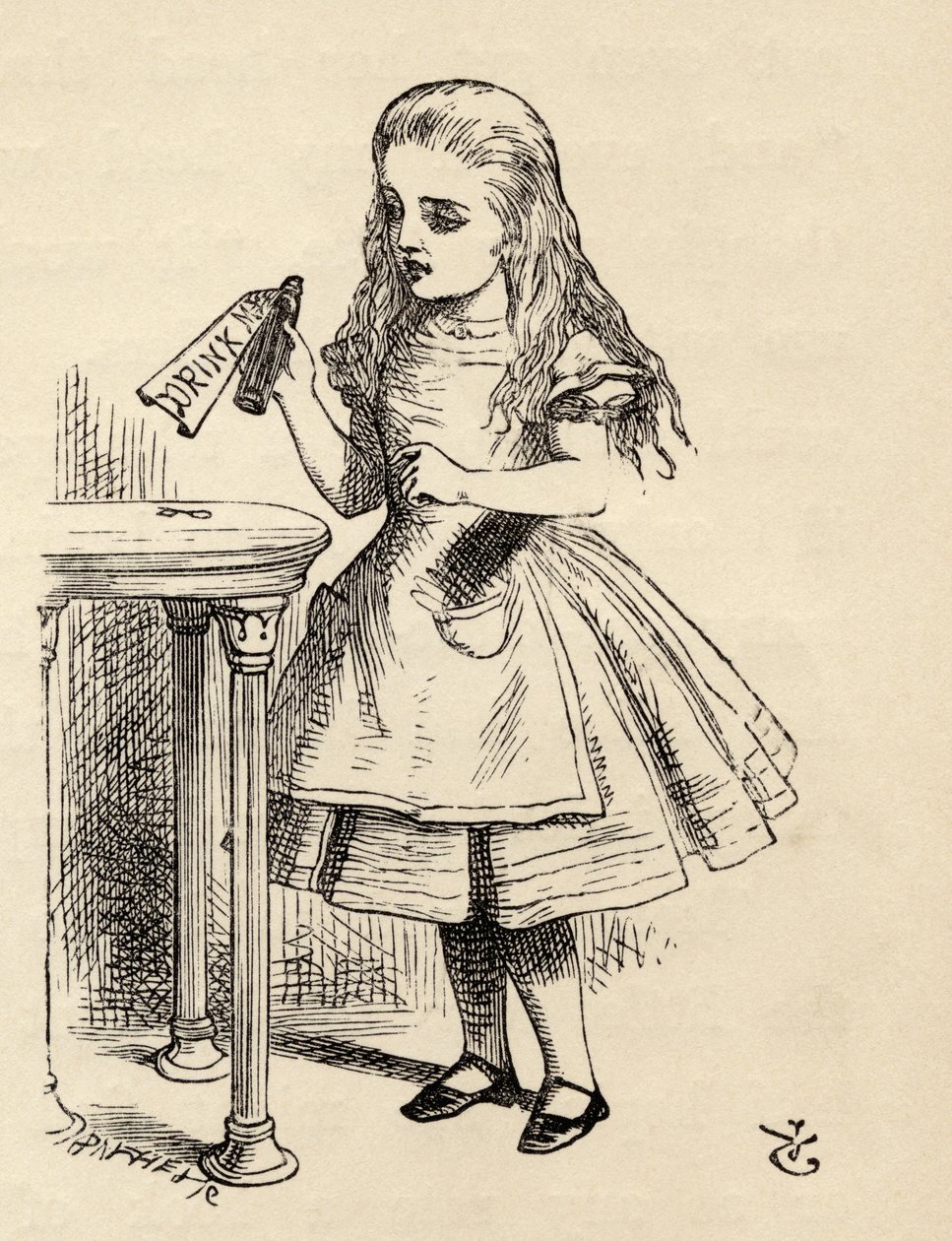 Alice, aki az Igyál meg üveget nézegeti, Lewis Carroll Alice kalandjai csodaországban című művéből, 1891. alkotó: John Tenniel