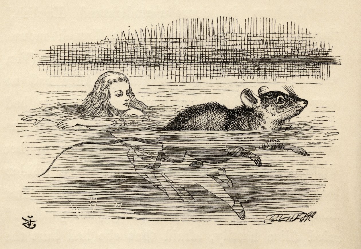 Alice egérrel úszik a könnyek medencéjében, Lewis Carroll Alice kalandjai Csodaországban című művéből, 1891. alkotó: John Tenniel