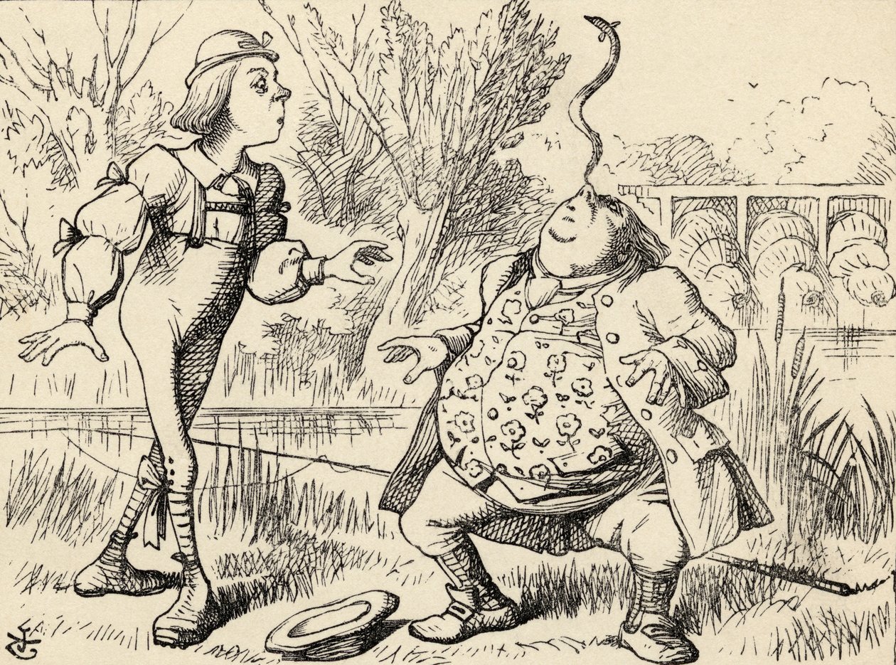 William atya egy angolnát egyensúlyoz az orrán, Lewis Carroll Alice kalandjai csodaországban című művéből, 1891. alkotó: John Tenniel