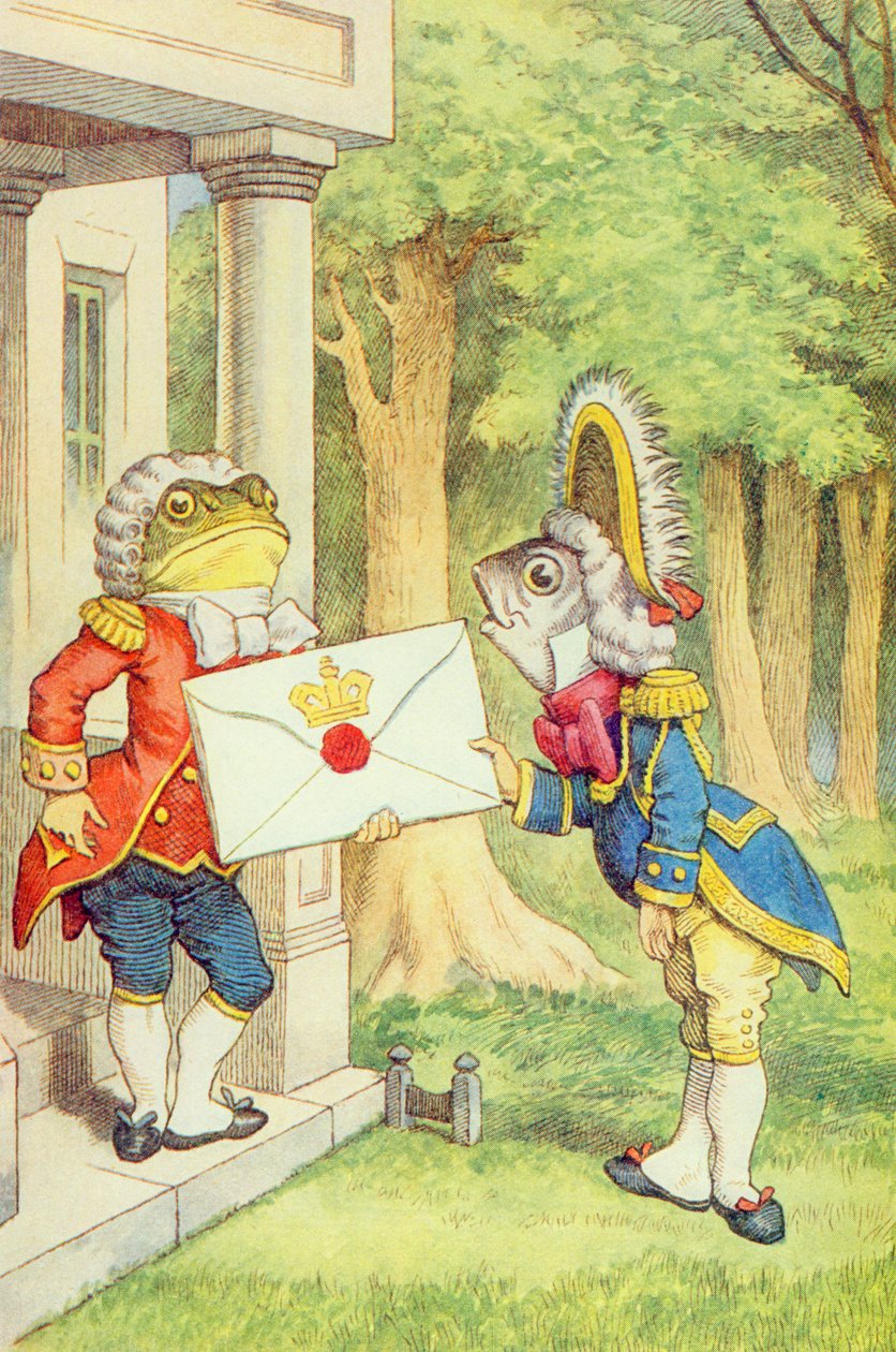 A Fish-Footman meghívót küld a hercegnőnek, illusztrációja Lewis Carroll (1832-9) Alice Csodaországban című művéből alkotó: John Tenniel