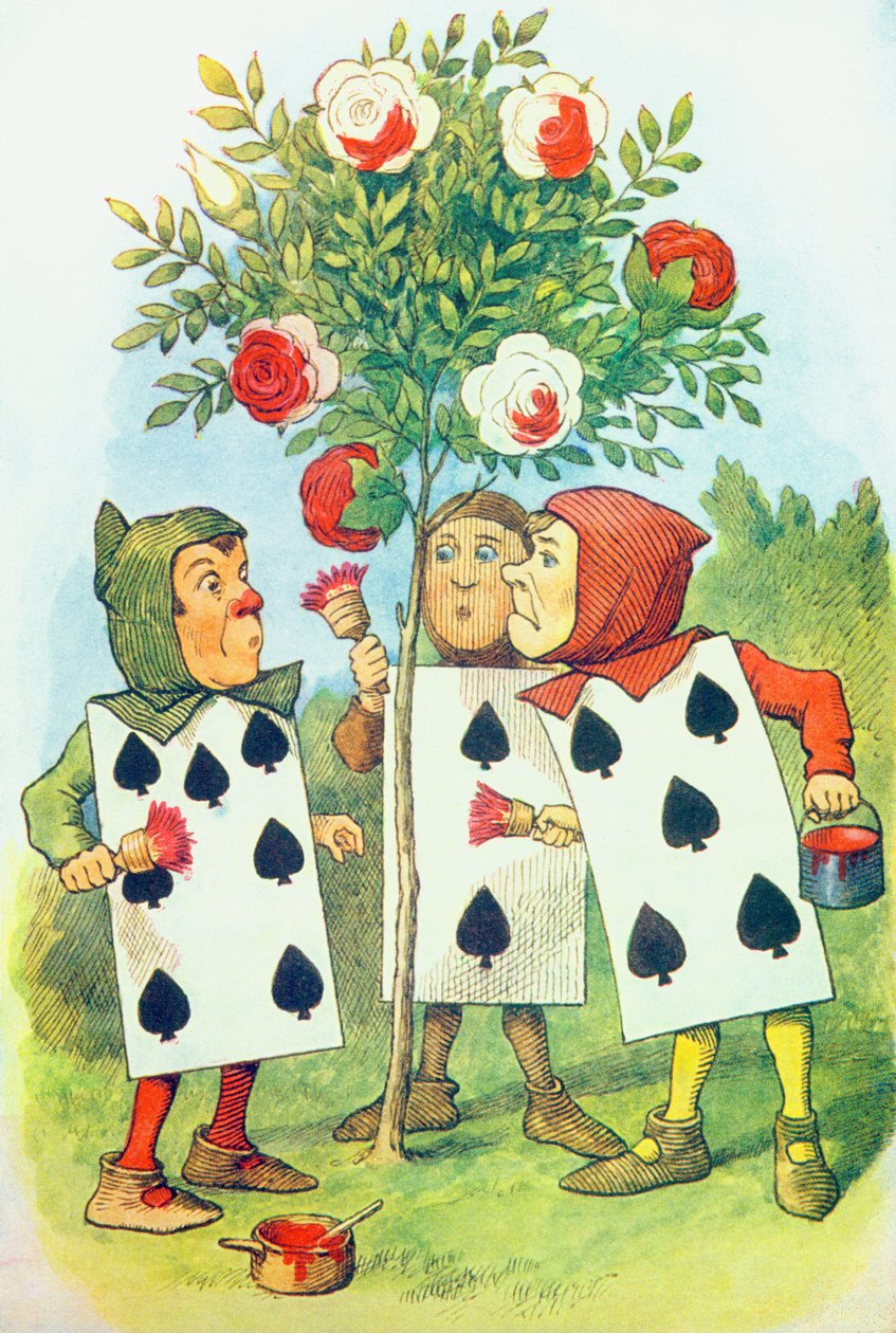 A rózsabokrot festő játékkártyák, illusztráció Lewis Carroll "Alice Csodaországban" című művéből (1832-9). alkotó: John Tenniel