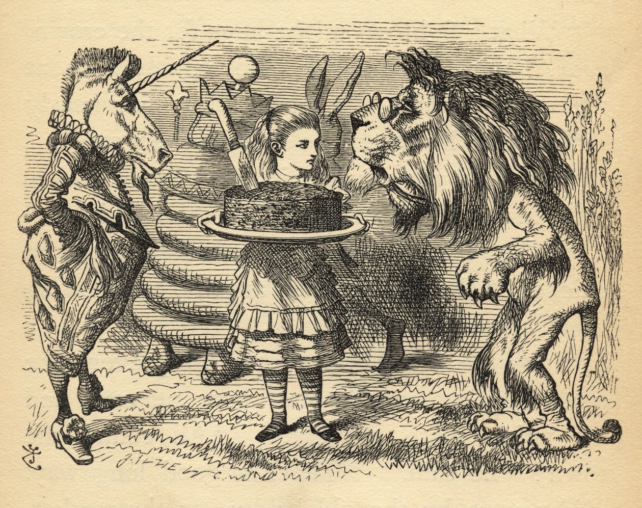 A torta megosztása az oroszlán és az egyszarvú között, illusztrációja Lewis Carroll (1832-98) „Through the Looking Glass” című művéből, először 1871-ben jelent meg alkotó: John Tenniel