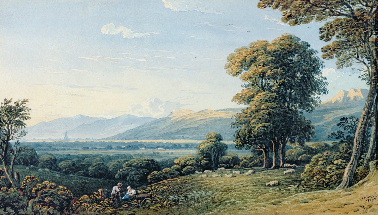 Egy domboldalon nyugvó alakok, mögötte templomtorony, 1825 alkotó: John Varley
