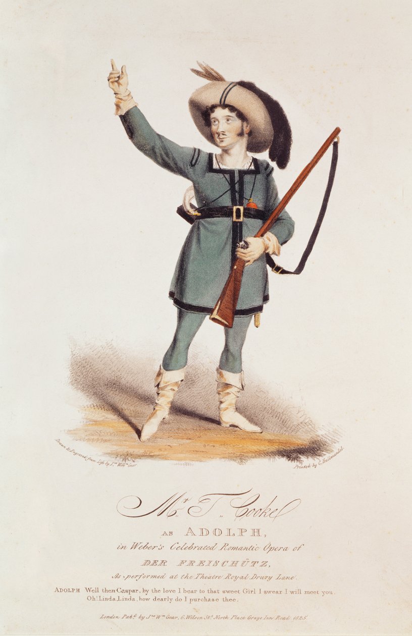 Thomas Simpson Cooke (1782-1848) Adolph szerepében Weber „Der Freischutz” című művében, 1825 (színes litó) alkotó: John W. Gear