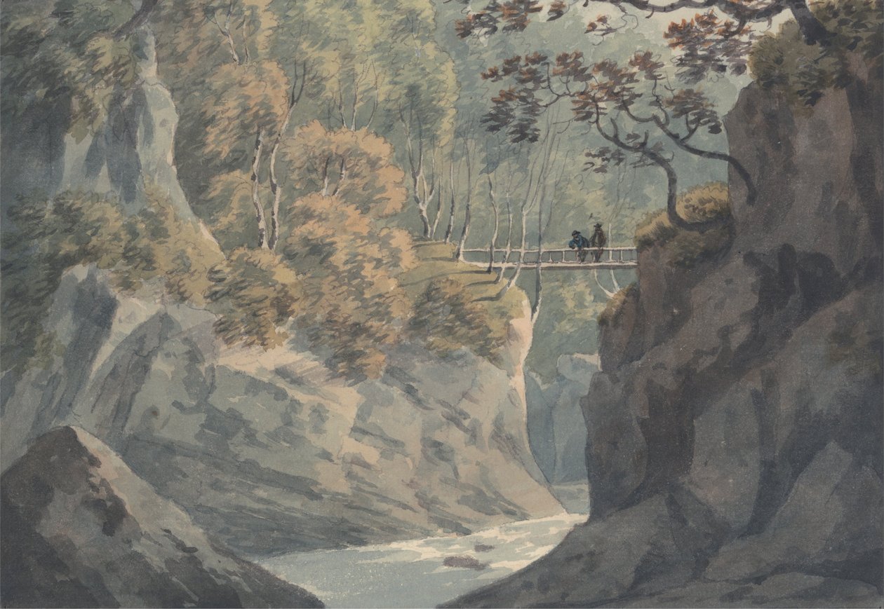 Alpesi híd és erdei táj Pistil y Maw közelében alkotó: John Warwick Smith