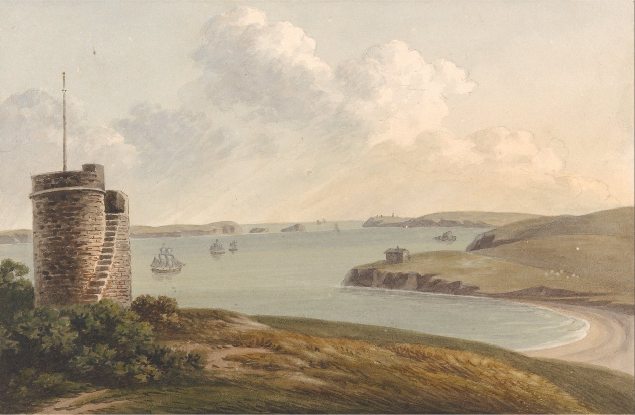 Kilátás a Vidette -ről Hakin közelében, a Signal Hill -en, túl a Nangle Pointon és a Thorn -szigeten ...., P ... alkotó: John Warwick Smith