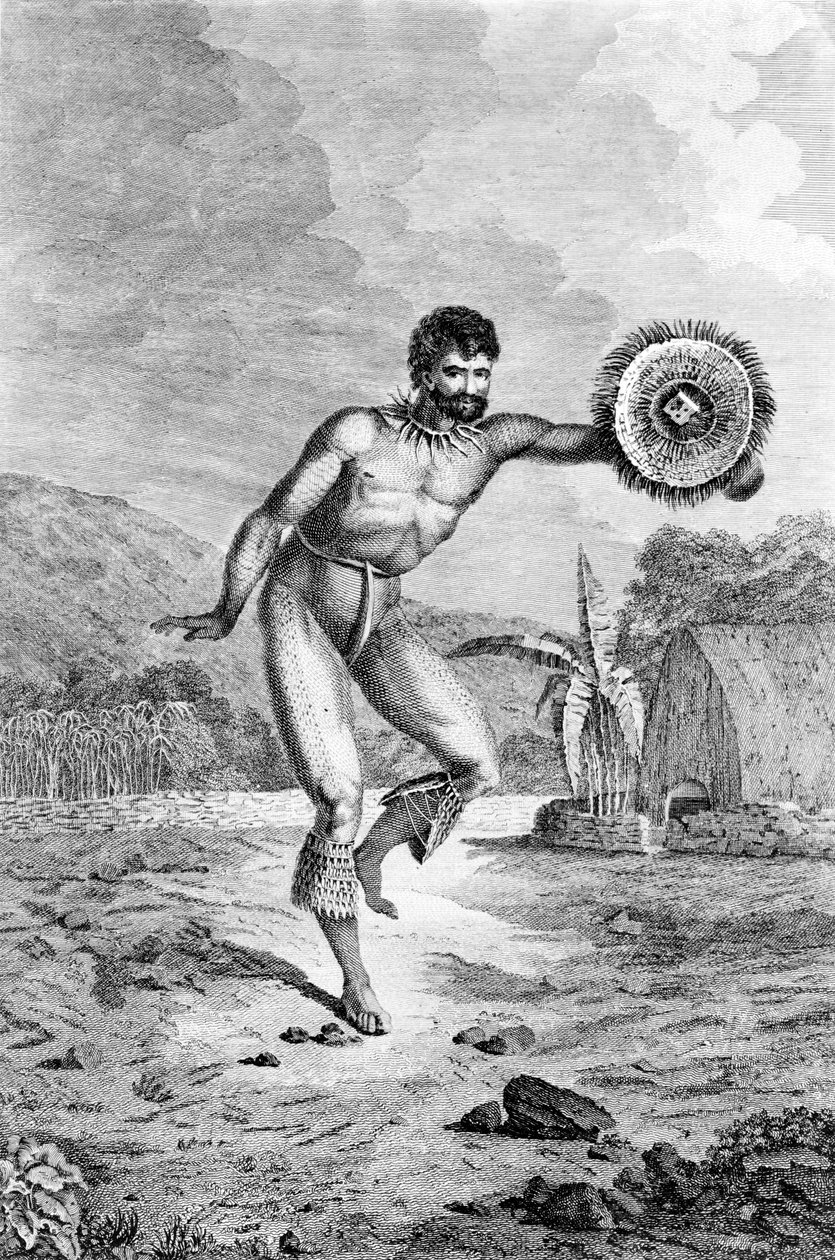 Egy táncoló szendvics-szigeti ember, Myers metszete, 1785 körül alkotó: John Webber