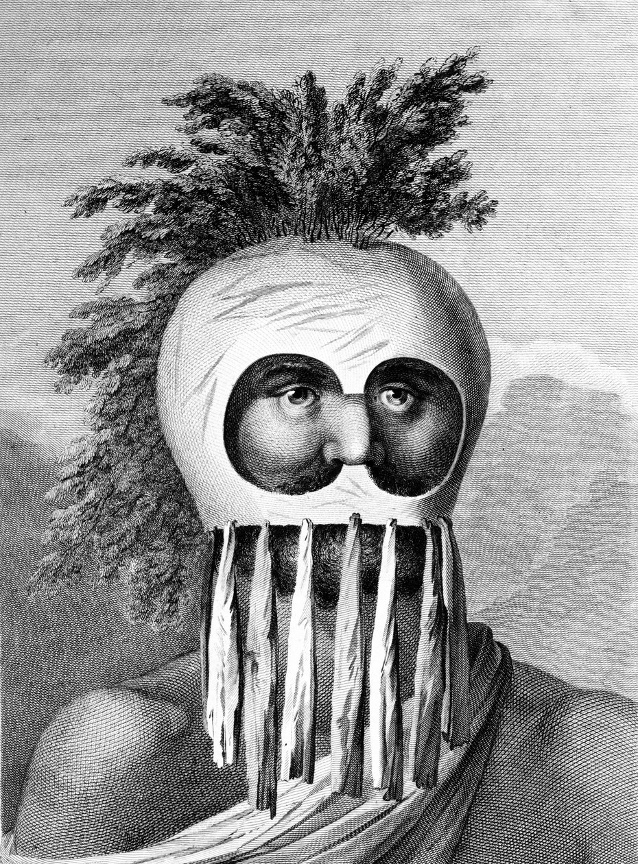 A szendvics-szigeteki ember maszkban, illusztráció az „Utazás a csendes-óceáni térségbe” című könyvből, Thomas Cook metszetében, 1784 alkotó: John Webber