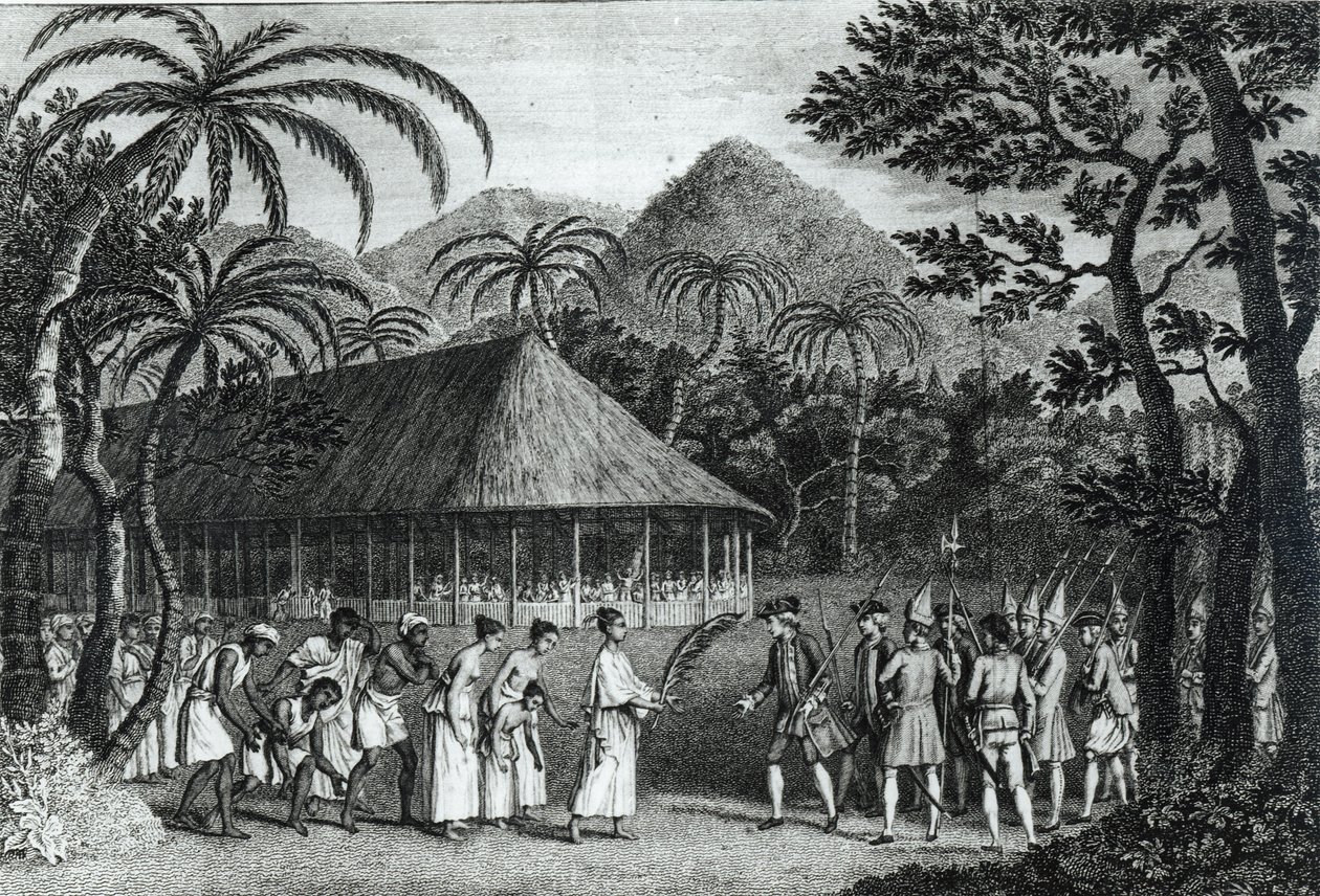 Samuel Wallis kapitányt (1728-1830) Oberea királynő fogadta Tahiti szigetén, James Cook (1728-79) „Utazás a Csendes-óceán felé” című művéből, amelyet John Hall (1739-97) metszett (bw) alkotó: John Webber