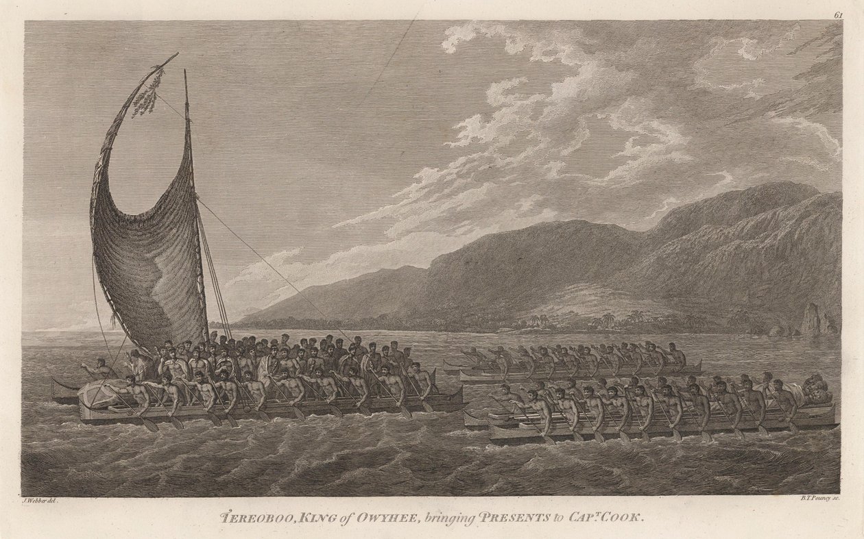 Kalaniopuu, Hawaii királya ajándékokat hoz Cook kapitánynak. alkotó: John Webber
