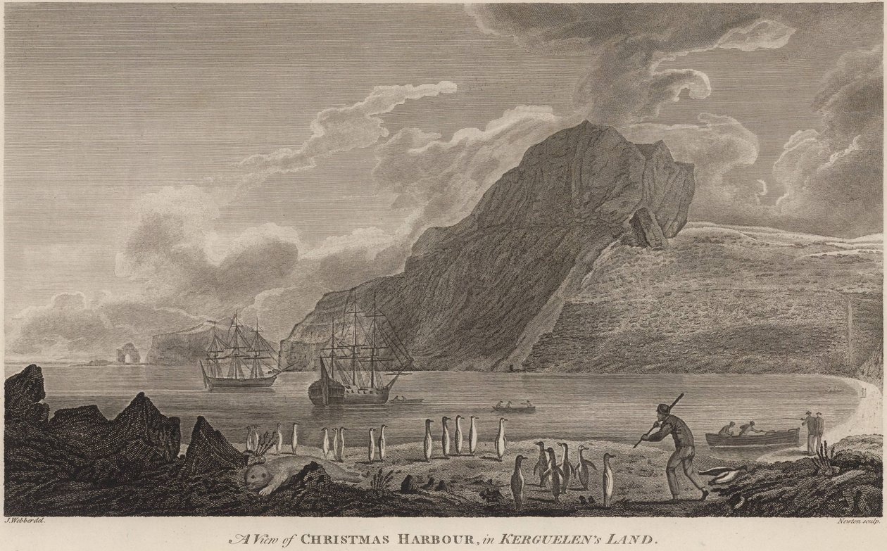 James Cook hajói a Kerguelen -szigetek karácsonyi kikötőjében, 1776. december alkotó: John Webber