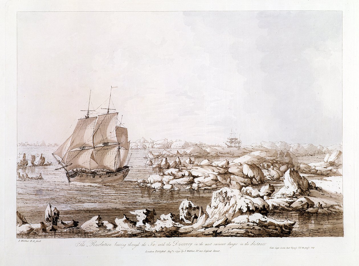A Jégen átütő felbontás a távoli legveszélyesebb felfedezéssel, a „Kilátások a déli tengeren”, kocsma. 1792 alkotó: John Webber