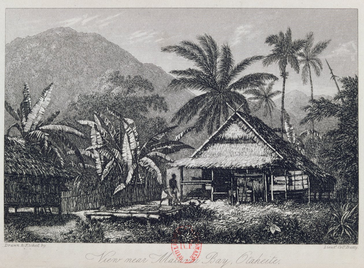 Kilátás az Otaheite állambeli Matavai-öböl közelében, Batty alezredes által metszett, John Barrow HMS Bounty utazásáról szóló beszámolóból, 1835 alkotó: John Webber