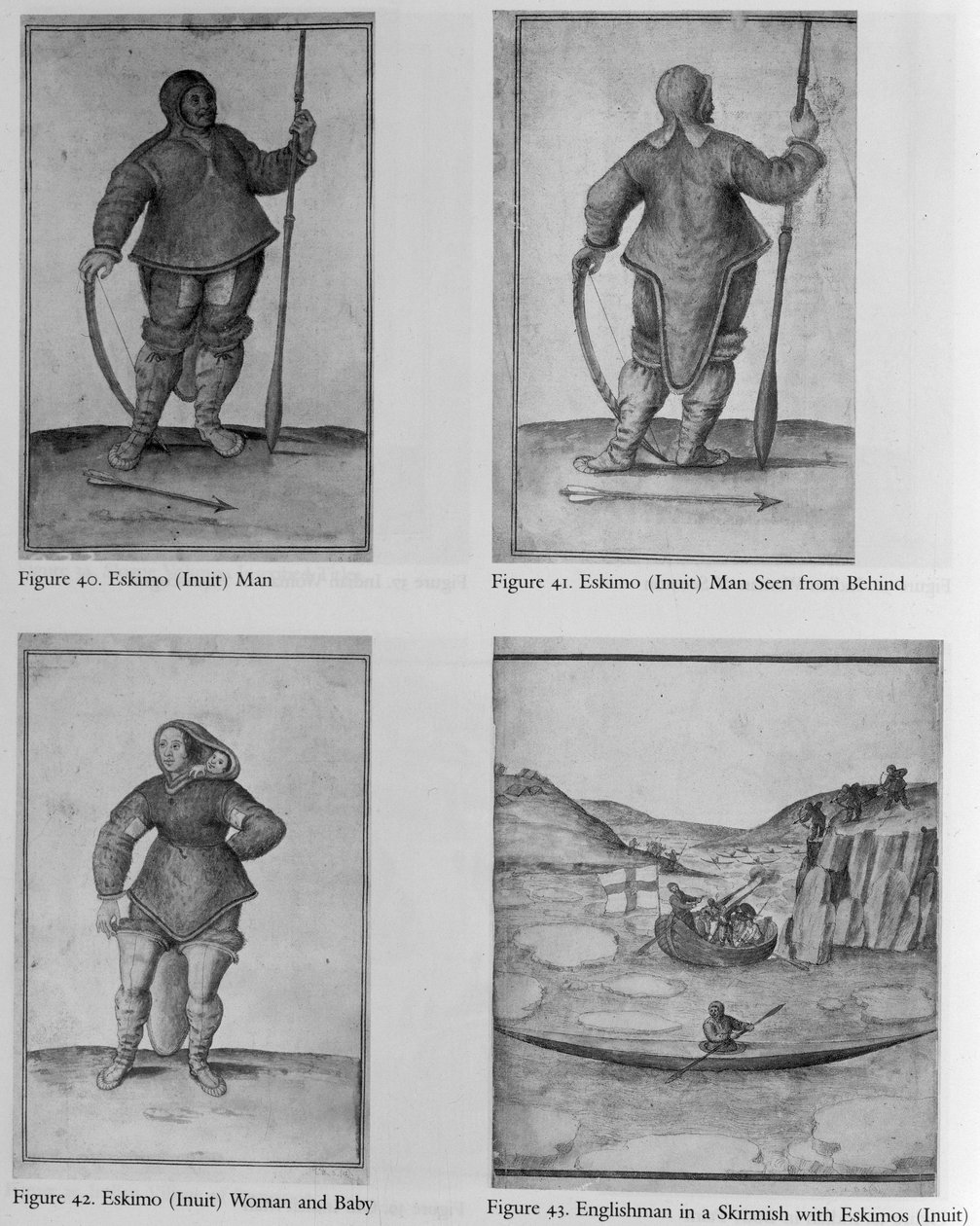 eszkimó (inuit) ember; Eszkimó (inuit) férfi hátulról nézve; Eszkimó (inuit) nő és baba; Angolok összetűzésben eszkimókkal (inuitokkal) alkotó: John White
