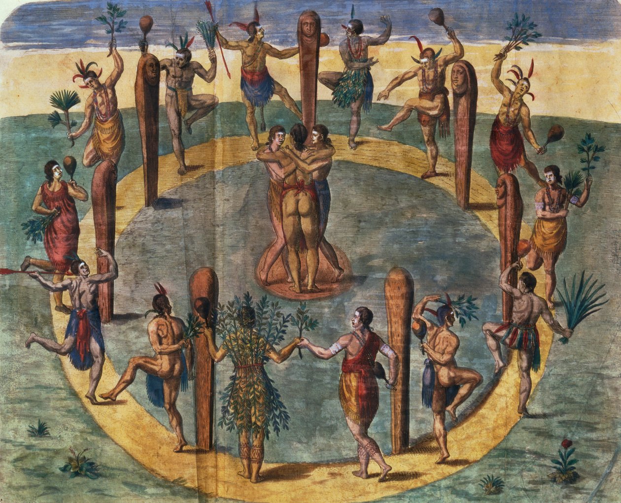 Indiai rituális tánc Secoton faluból, könyvillusztráció, 1570-80 körül (lásd 87469) alkotó: John White