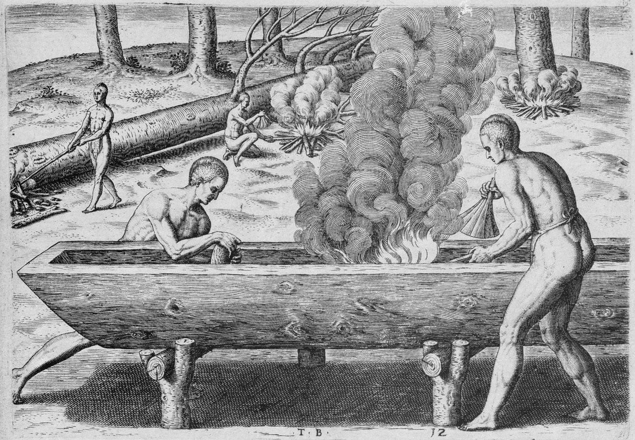 Kenut készítő indiánok, az „Admiranda Narratio”-ból, Theodor de Bry (1528-1598) metszetében, 1590 alkotó: John White