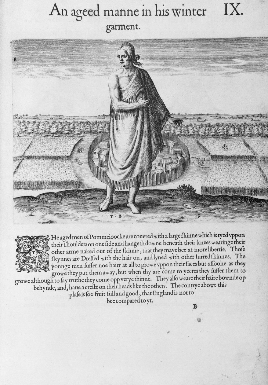 Öreg indián férfi téli ruhában, Thomas Harriot (1560-1621) "A Brief and True Report of the New Found Land of Virginia" című művéből, Theodore de Bry (1528-1598) pub metszetében. 1590-ben alkotó: John White