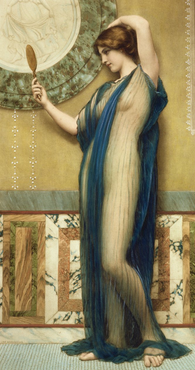 Tisztességes tükröződés (kézzel színezett fotógravírozás) alkotó: John William Godward