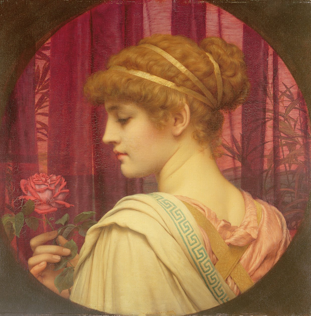 Lány vörös rózsával alkotó: John William Godward