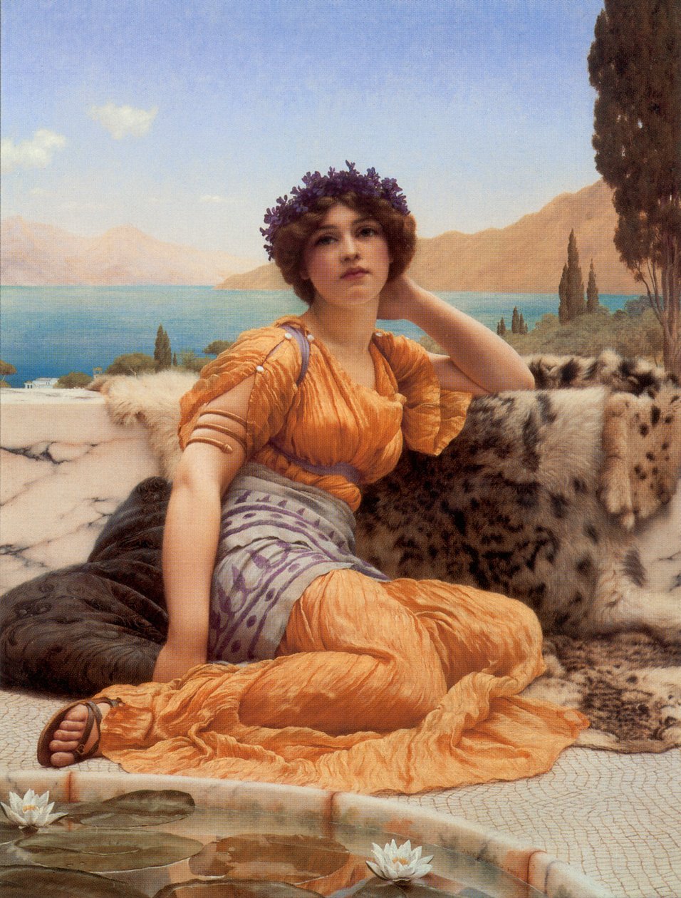 Ibolya koszorúval és sáfrány színárnyalattal alkotó: John William Godward