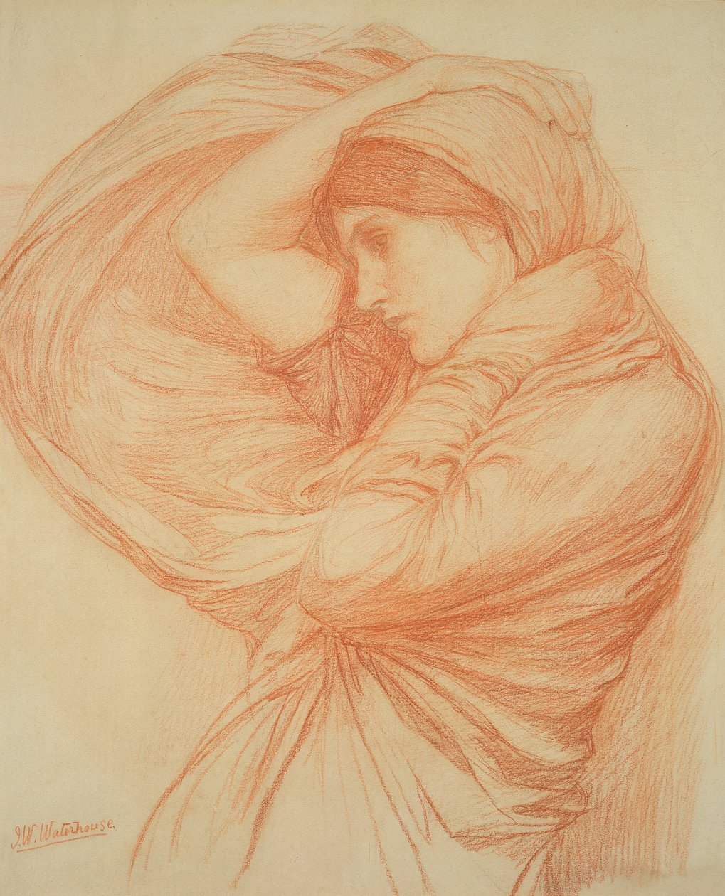 Tanulmány a „Boreas”-hoz (vörös kréta színezett papíron) alkotó: John William Waterhouse