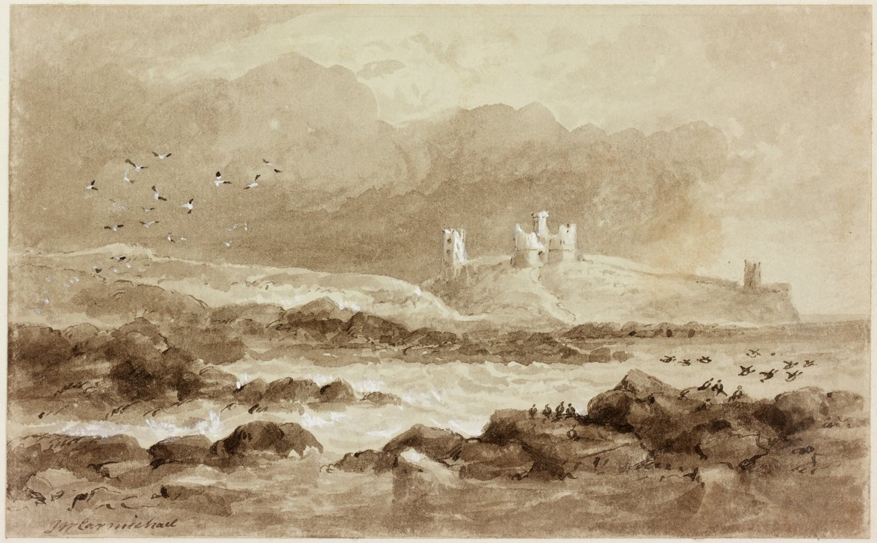 Dunstanburgh délről (testszín (fehér) és tinta (szépia) papíron) alkotó: John Wilson Carmichael