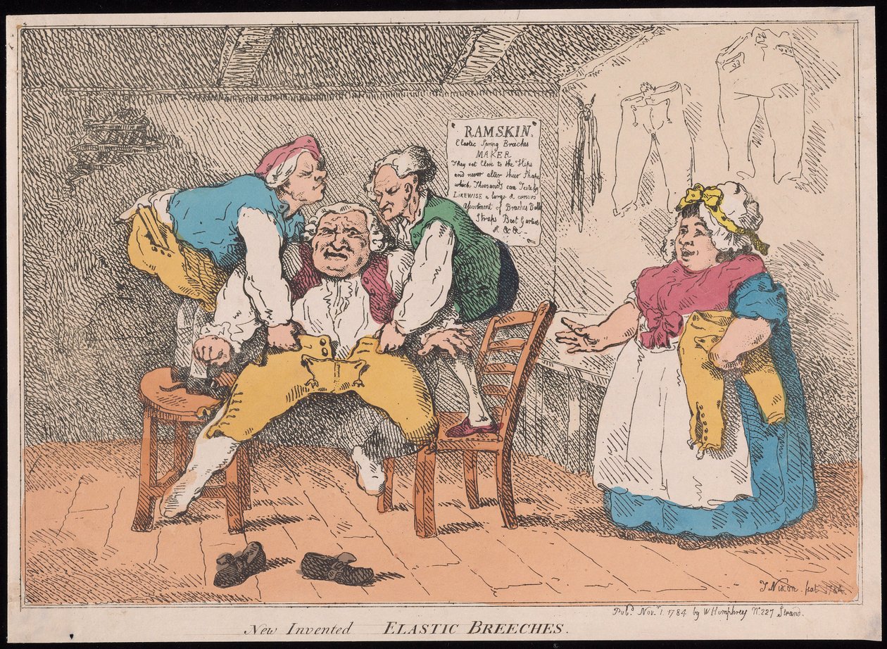 New Invented - Elasztikus nadrág, kocsma. 1784 (kézzel színezett metszet) alkotó: John after Nixon