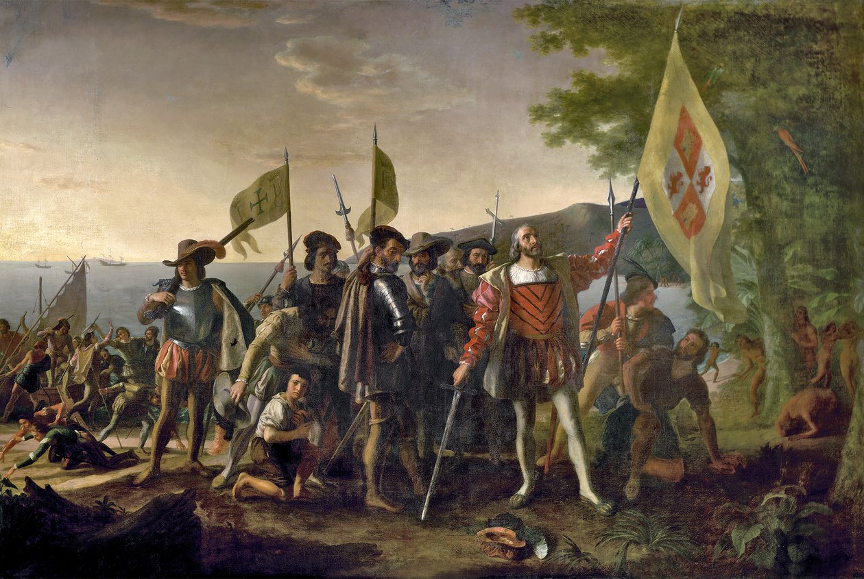 Kolumbusz Kristóf partraszállás San Salvadorban, Bahamákon 1492. október 12-én, kocsma. 1825 alkotó: John after Vanderlyn