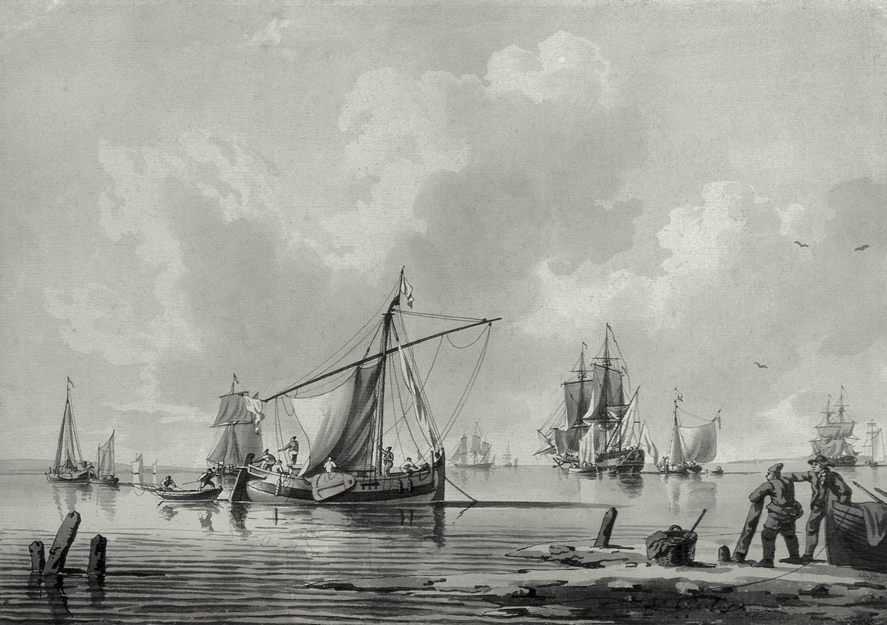 Folyó hajózással, 18. század (rajz) alkotó: John the Younger Cleveley