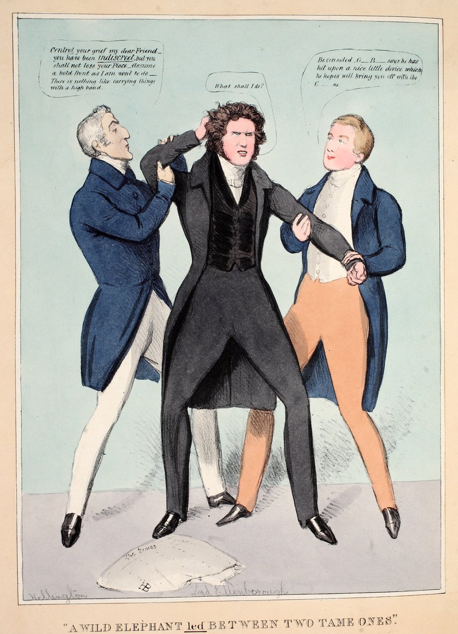 "Egy vad elefánt két szelíd között vezetett", pub. 1830 (kézzel színezett metszet) alkotó: John  Doyle