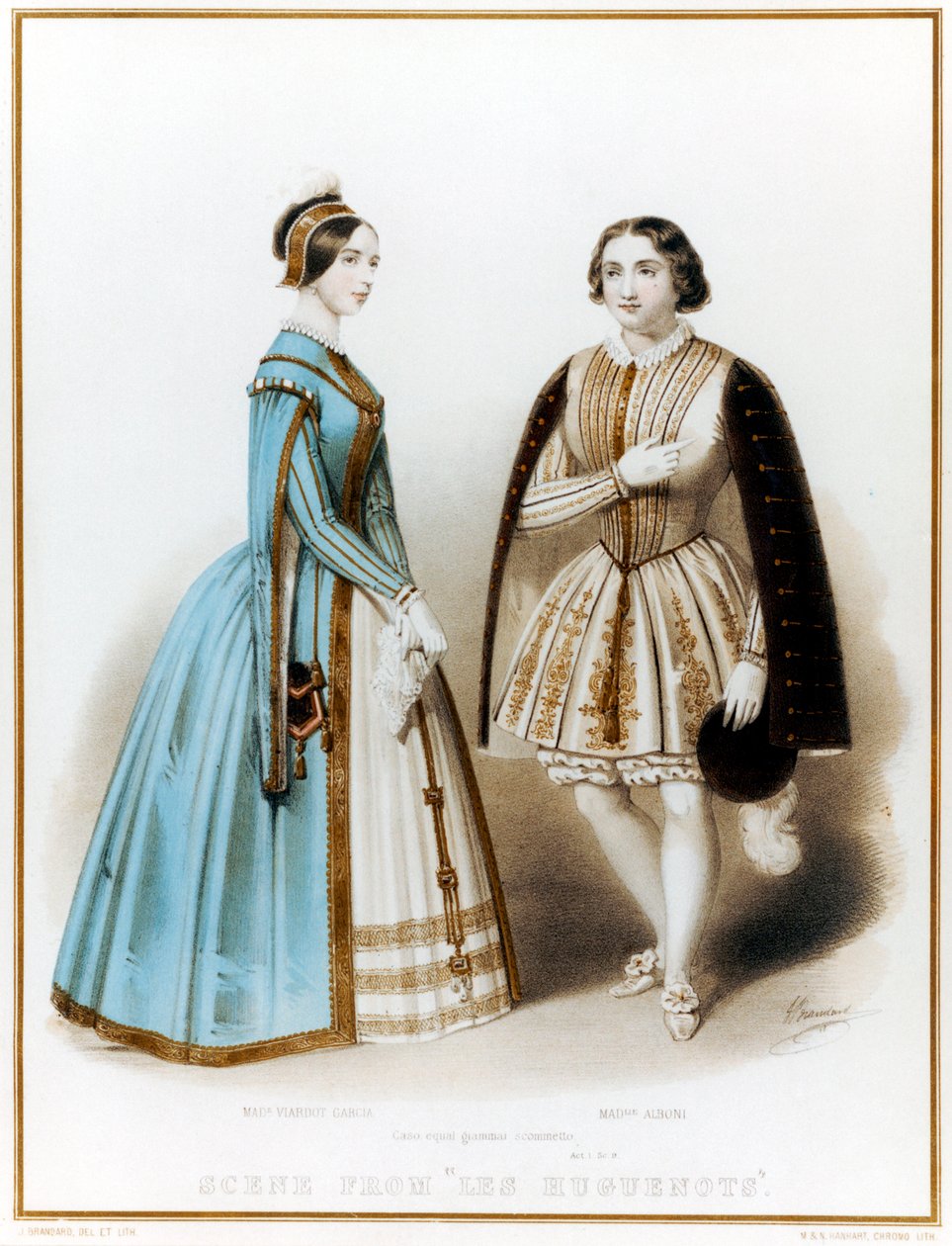 Pauline Viardot-Garcia, francia mezzoszoprán és spanyol származású zeneszerző, és Marietta Alboni, olasz kontralt, Meyerbeer Les Huguenots című művének I. felvonásában, 9. jelenete alkotó: John (after) Brandard