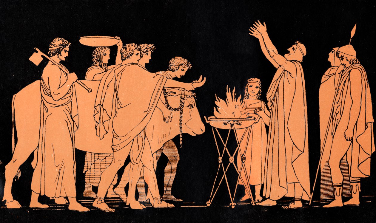 Nesztor, Pylos királya és a trójai háború egykori harcosa, bikákat áldoz Poszeidónnak, jelenet Homérosz "Odüsszeia" című művéből (nyomtatás). alkotó: John (after) Flaxman
