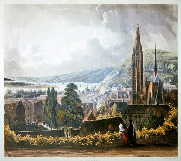 Caudebec, a "Views on the Seine" című, Thomas Sutherland (sz.1785) által metszett és R. Ackermann (1764-1834) által 1821-ben kiadott "Views on the Seine" című képből (színes litográfia). alkotó: John (after) Gendall
