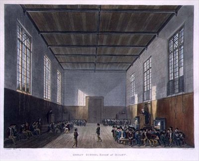 Rugby Great School Room, a „History of Rugby School”-ból, a „History of the Colleges” része, vésette Daniel Havell (1785-1826) pub. R. Ackermann alkotó: John (after) Gendall