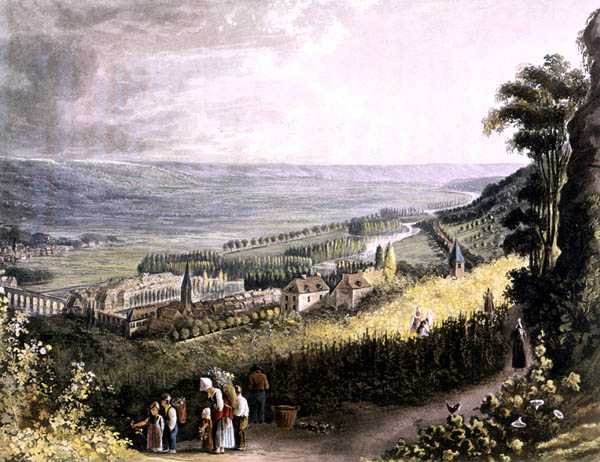 Meulan, a "Nézetek a Szajnán" című művéből, Thomas Sutherland (sz. 1785) metszete, R. Ackermann (1764-1834) kiadója, 1821 (színes litó) alkotó: John (after) Gendall