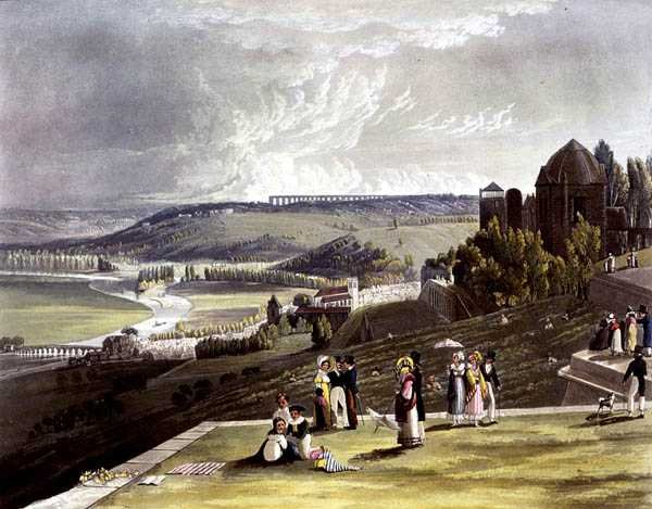 St. Germain, a "Nézetek a Szajnáról" című művéből, Daniel Havell (1785-1826) metszetében, R. Ackermann (1764-1834) kiadásában, 1821 (színes litó) alkotó: John (after) Gendall