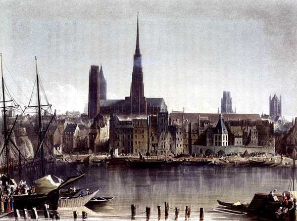 Rouen látképe, a "Views on the Seine" című műből, Thomas Sutherland (sz.1785) metszete, kiadta R. Ackermann (1764-1834) 1821 (színes litográfia). alkotó: John (after) Gendall