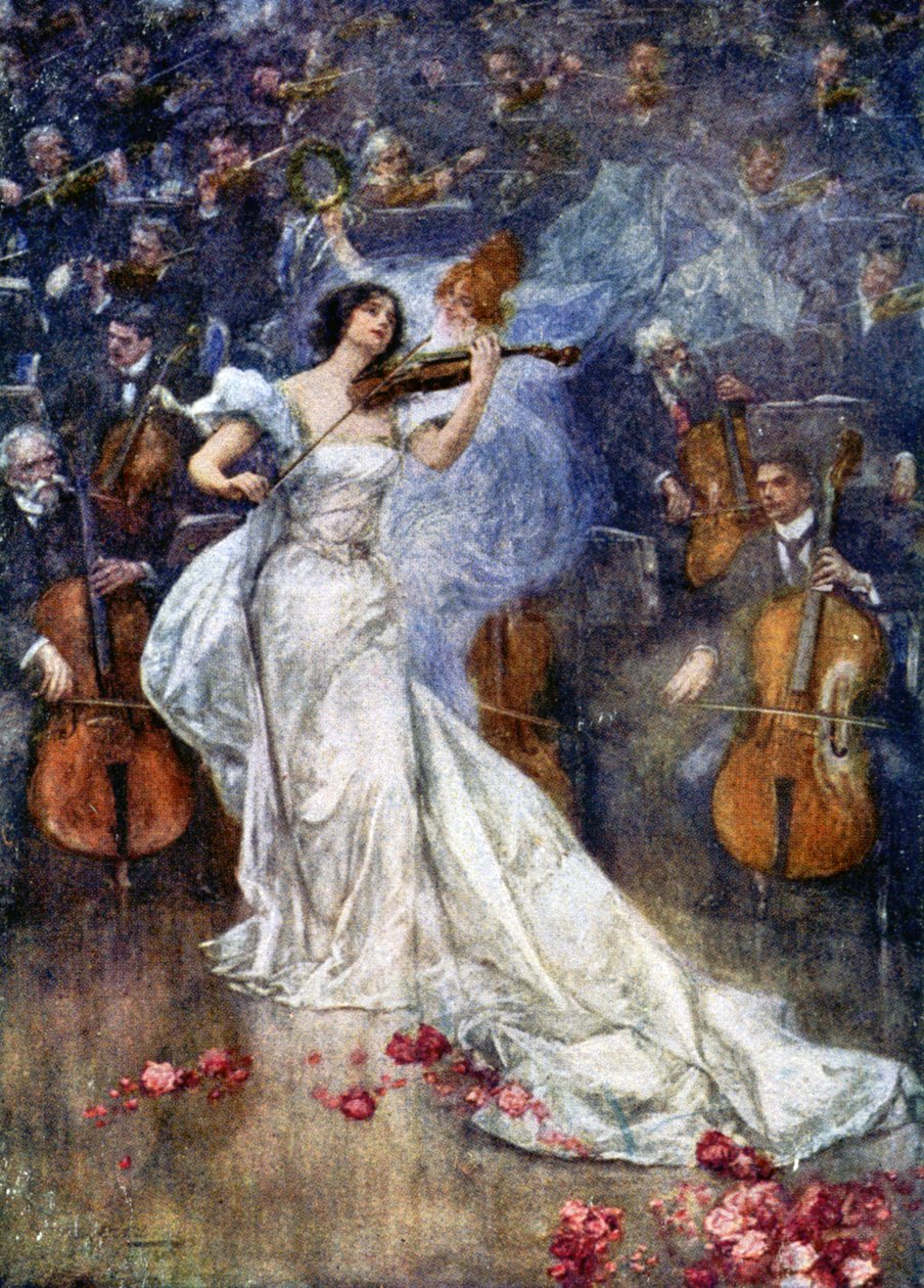 Zene. Hegedűverseny. Illusztráció: Gulich, Cseh Köztársaság, 1900 körül (képeslap) alkotó: John (after) Gulich