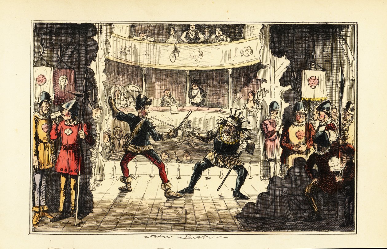 Henrik Tudort alakító színészek, akik III. Richárd angol király ellen küzdenek a színpadon a színházban alkotó: John (after) Leech