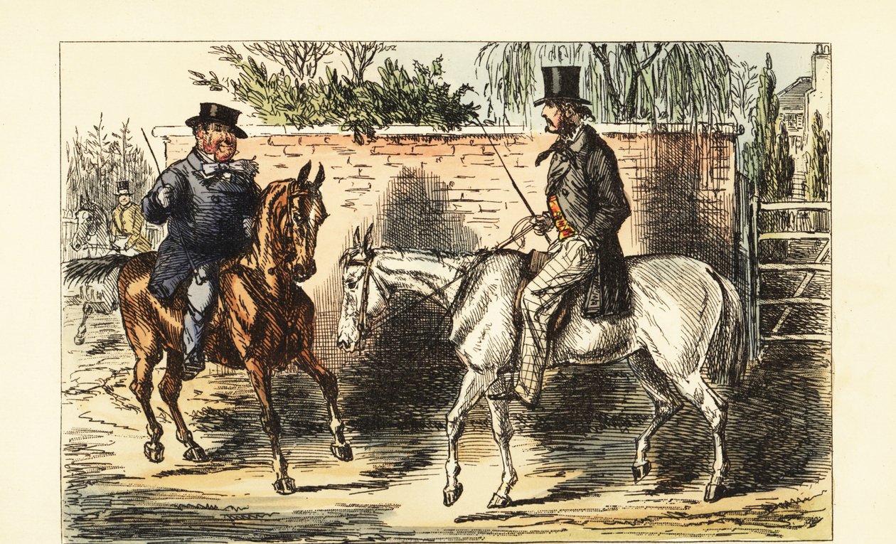 Angol úriember egy régi nyűgön, akit egy öblös lovon ülő férfi elutasított alkotó: John (after) Leech