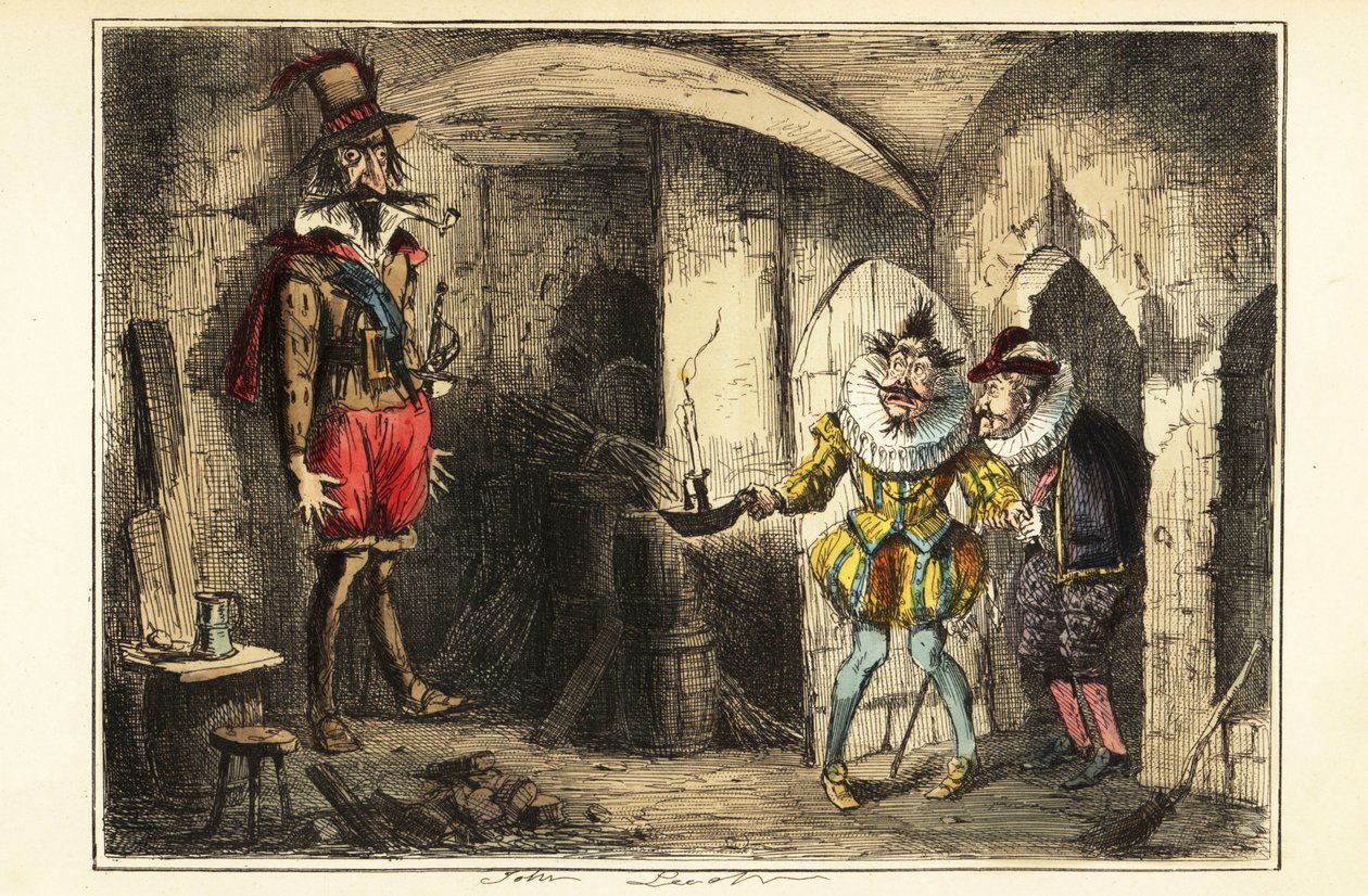 Guy Fawkes, a lőporos összeesküvés vezetője, elkapták a Parlament házának pincéjében, 1604. november 5. alkotó: John (after) Leech
