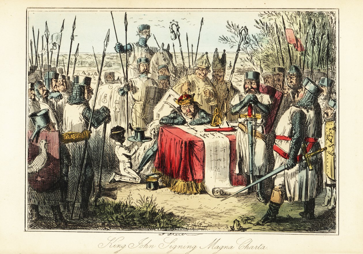 János királyt bárók és püspökök veszik körül, akik Runnymedesben aláírták a Magna Cartát alkotó: John (after) Leech