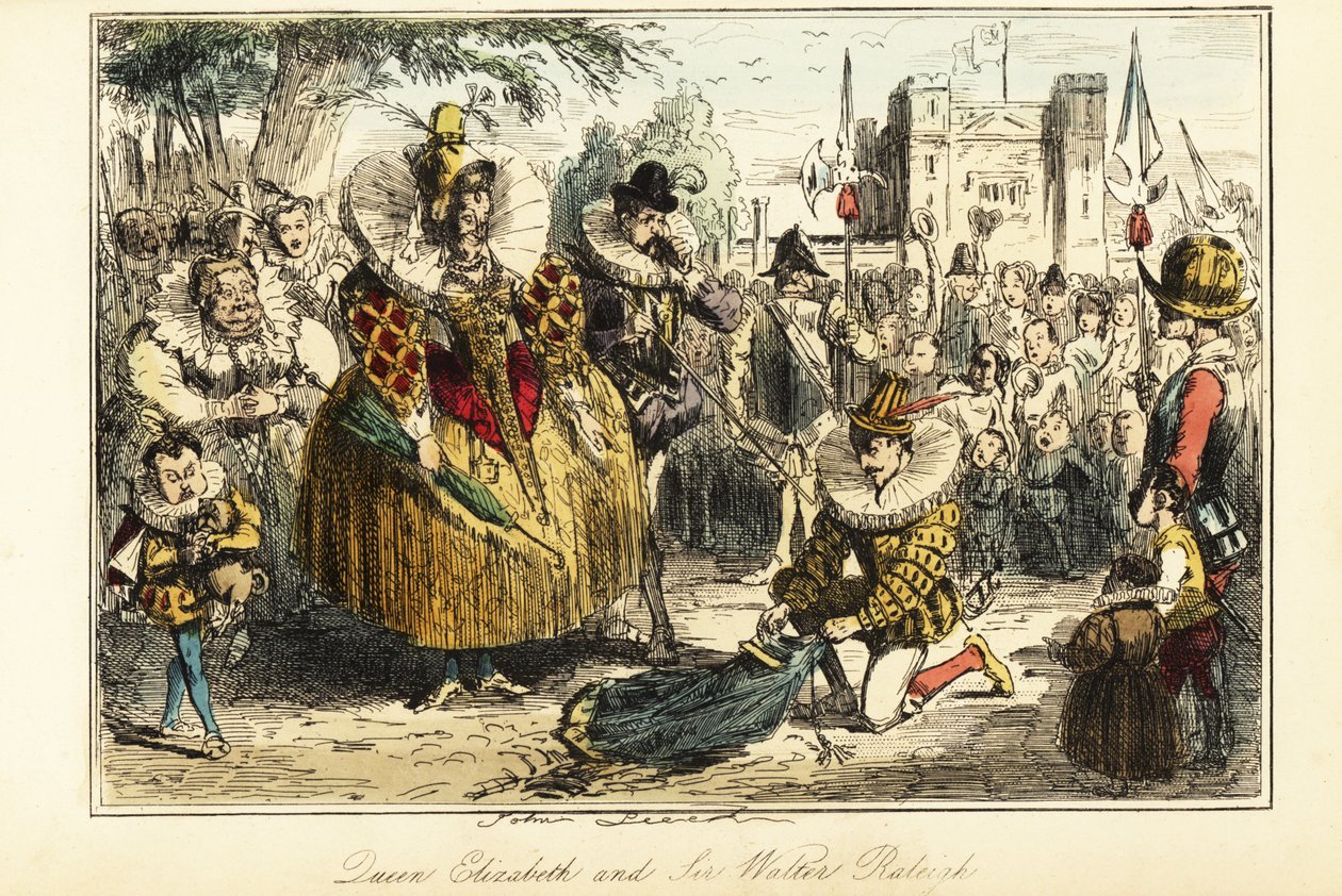 Sir Walter Raleigh lefekteti köpenyét egy tócsára I. Erzsébet királynő számára Greenwichben alkotó: John (after) Leech